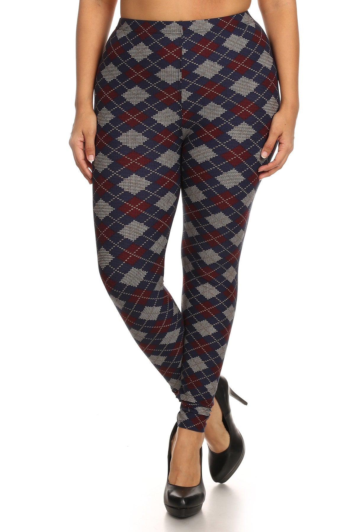 Plus Size Plaid Graphic Printed Knit Legging With Elastic Waist Detail